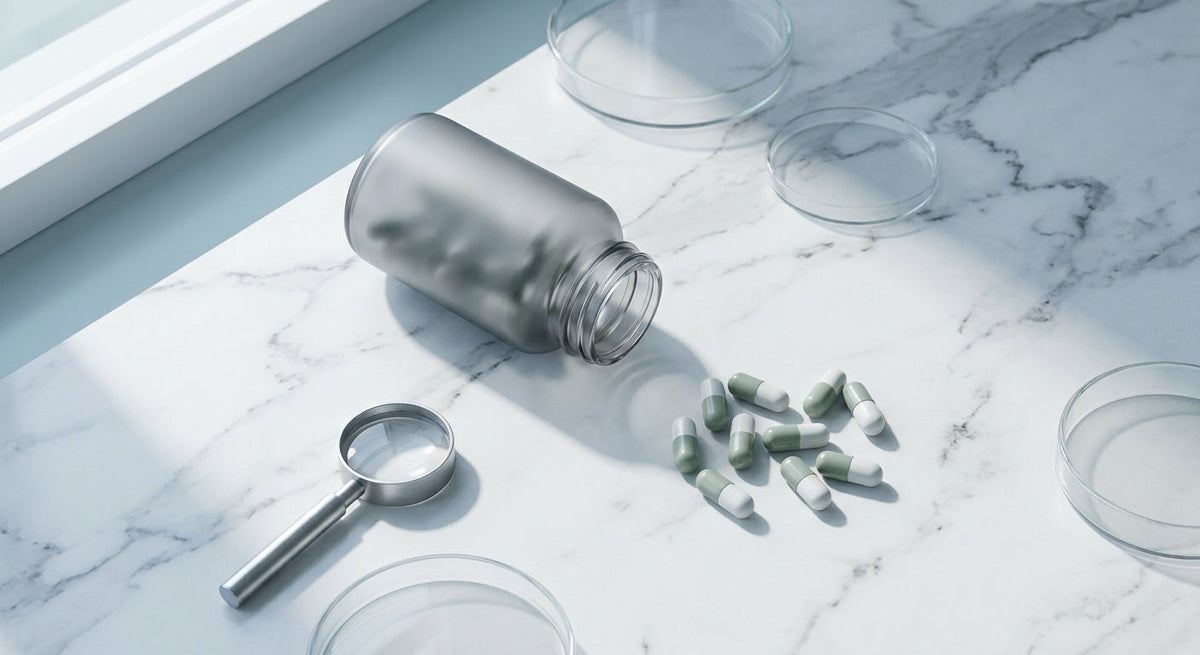 A minimalist editorial flat lay of a supplement bottle, capsules, and a magnifying glass on a white marble surface, bathed in cool natural light.