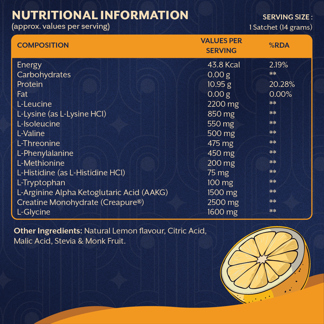 EAA Protein Support – Lemon Flavor | Build Muscle, Boost Energy & Recovery | 30 Sachets