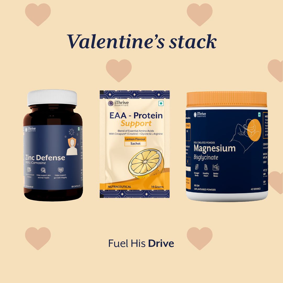 Three health supplement products on a beige background with heart shapes and text.