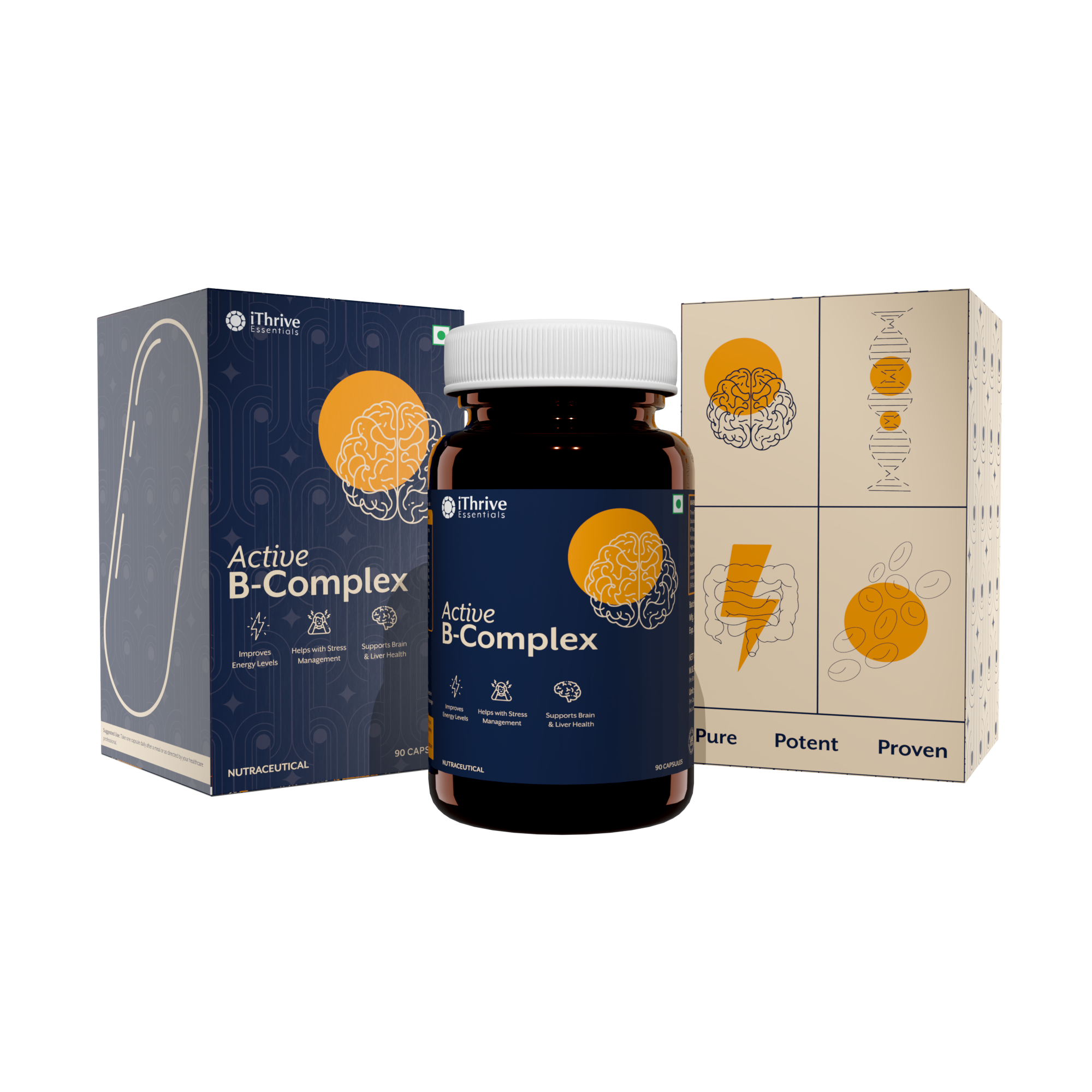 iThrive Active B-Complex supplement bottle and packaging on a white background