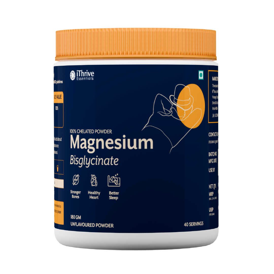 iThrive Magnesium Bisglycinate powder, 180gm, 40 servings, front of jar
