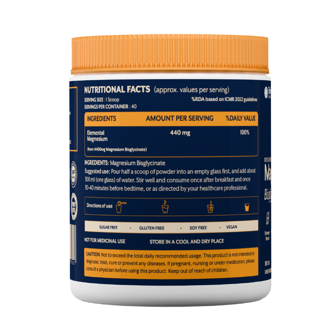 Supplement container with nutritional information panel for iThrive Magnesium Bisglycinate powder