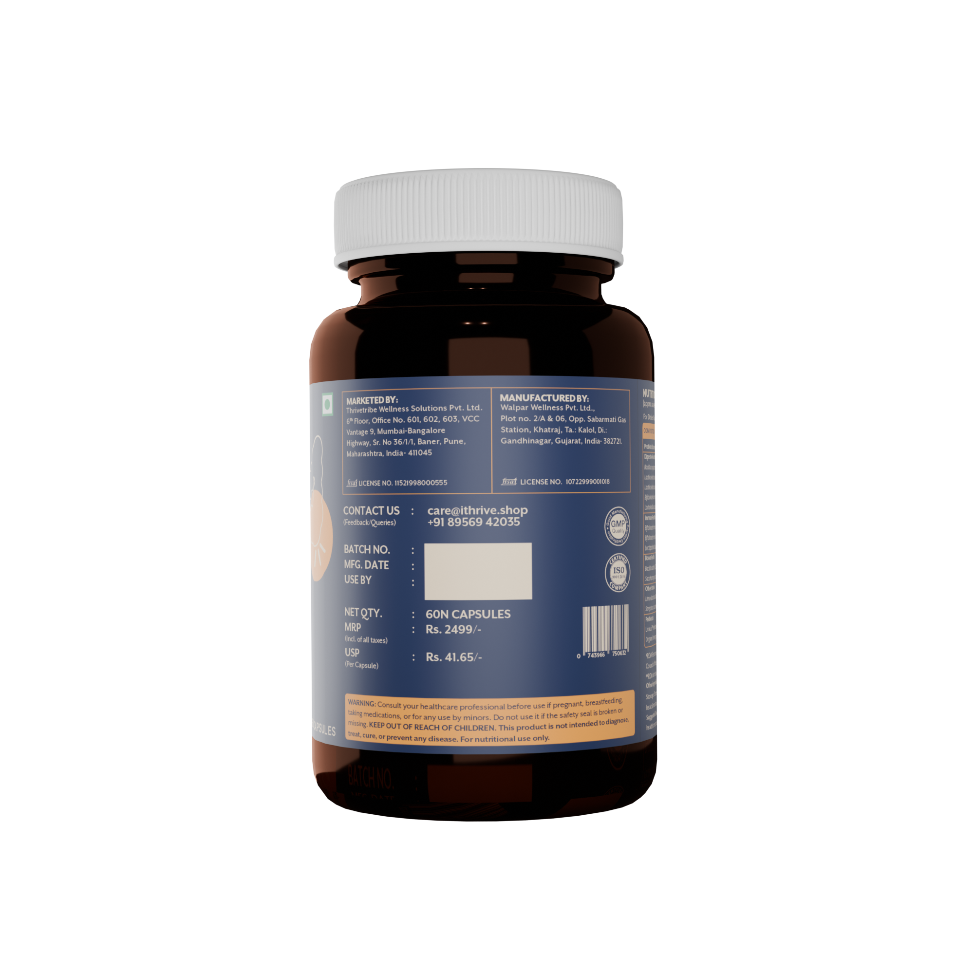 Bottle of supplements with a blue label on a white background