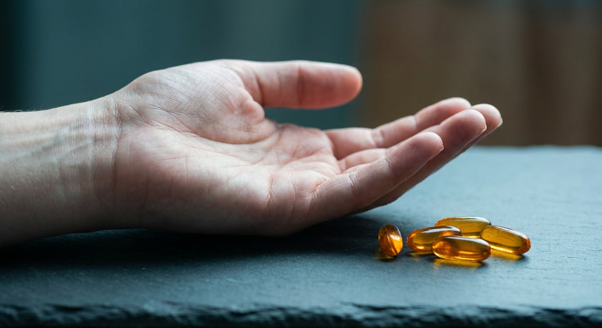 A relaxed human hand resting on a grey surface beside translucent amber omega-3 softgel capsules under soft clinical lighting.