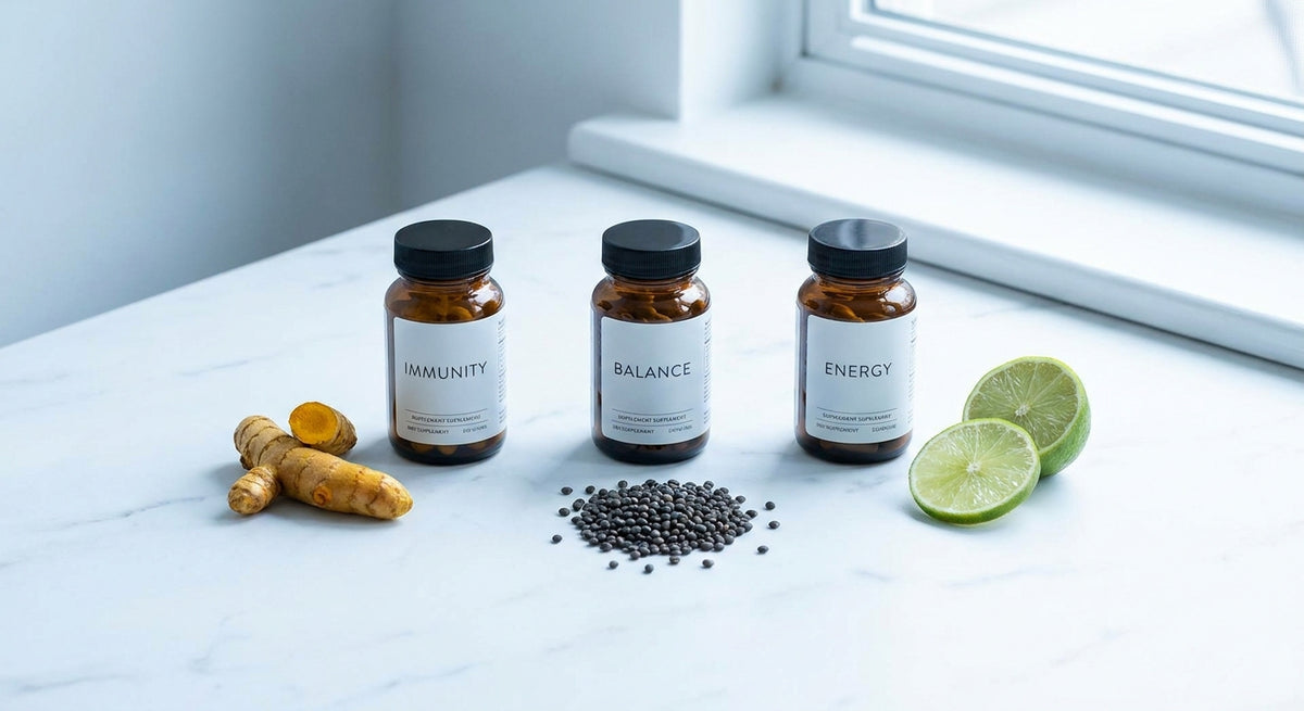 Three amber glass supplement bottles arranged on a white marble surface alongside turmeric root, dark lentils, and sliced citrus fruit in soft natural light.