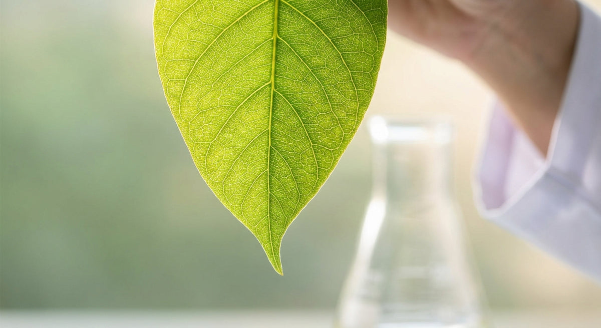 A translucent green leaf cross-section held against soft natural light, revealing its delicate cellular vein network as a visual metaphor for gut barrier integrity and repair.