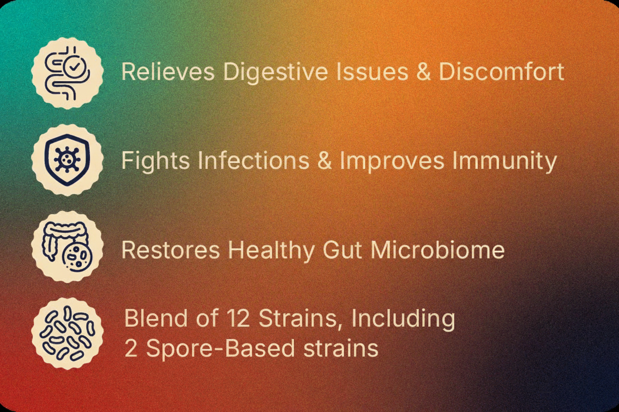 Product label with text about digestive benefits and strain information on a gradient background