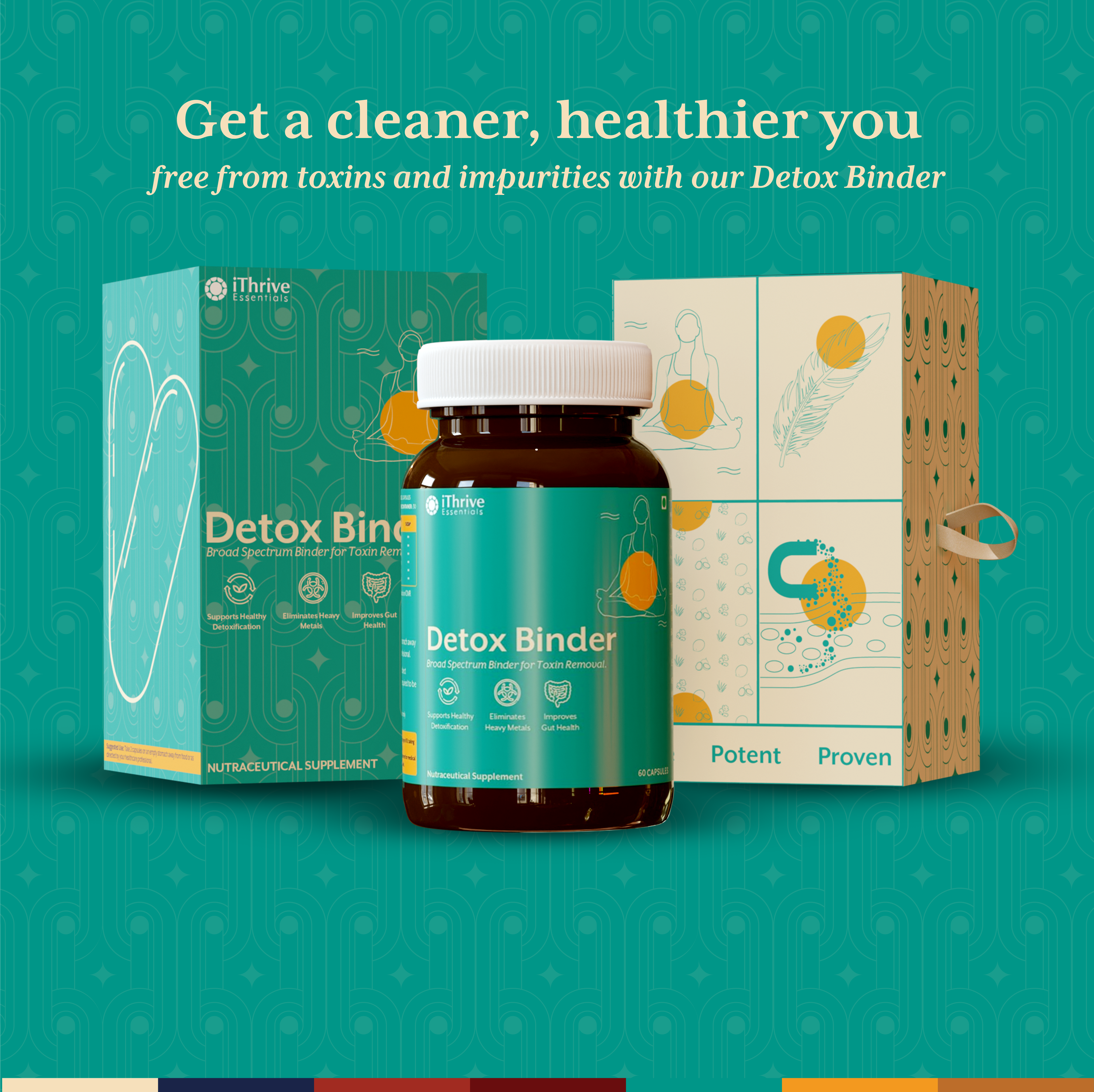 Packaging for Detox Binder supplement by iThrive Essentials, featuring a bottle of capsules and packaging with branding and health-related graphics.