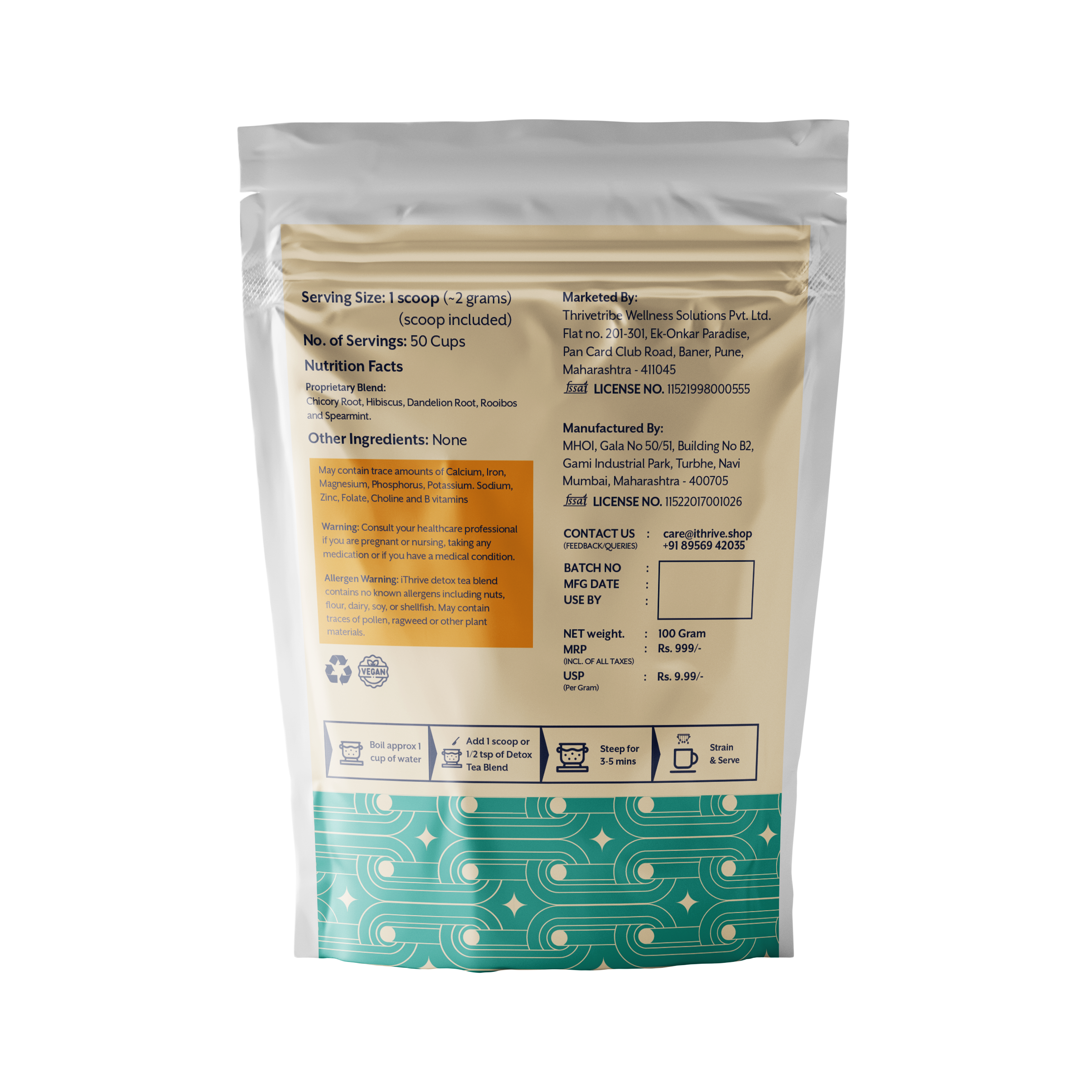 Back of iThrive Detox Tea Blend pack showing ingredients and steeping instructions