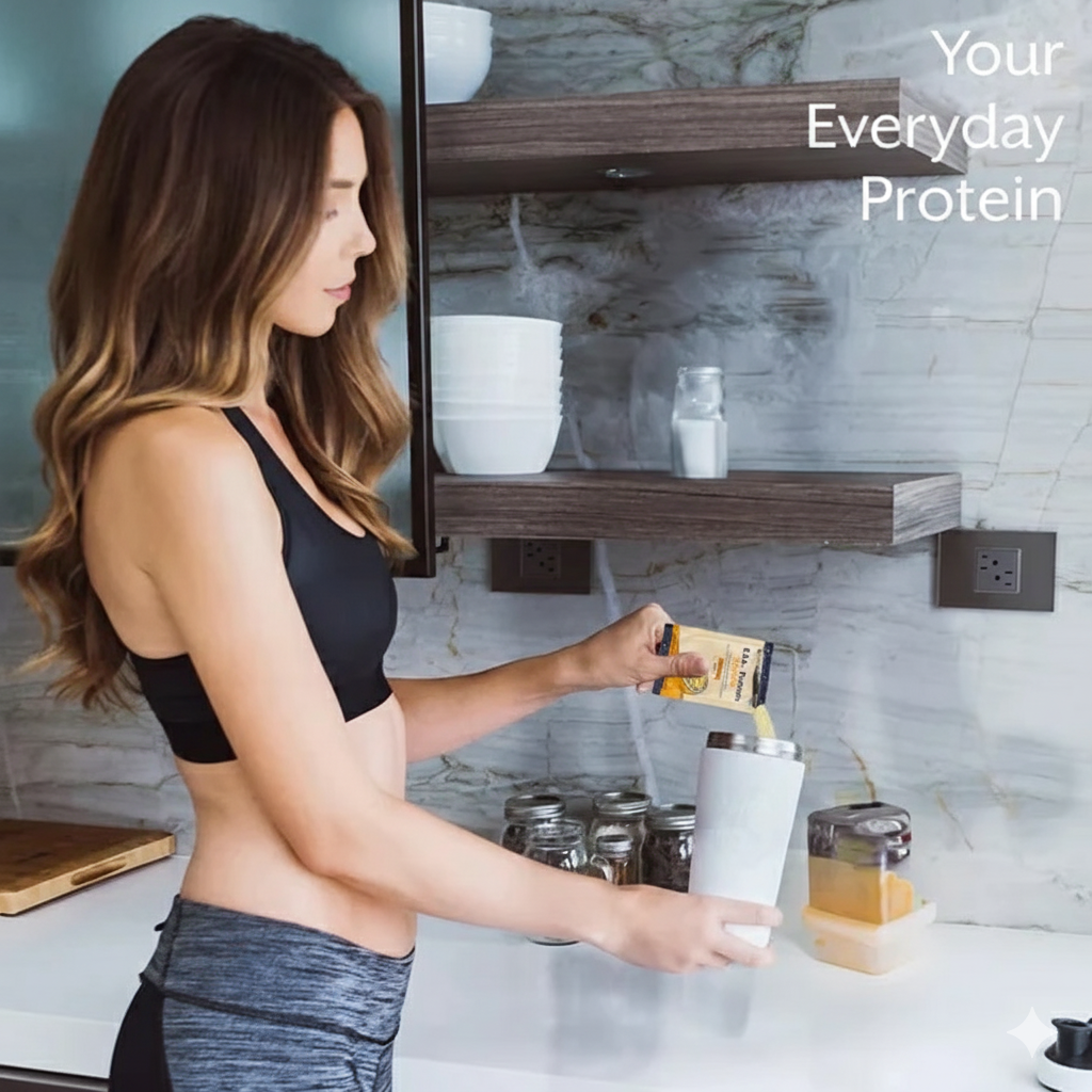 Woman preparing a protein shake in a kitchen with 'Your Everyday Protein' ithrive eaa supplement