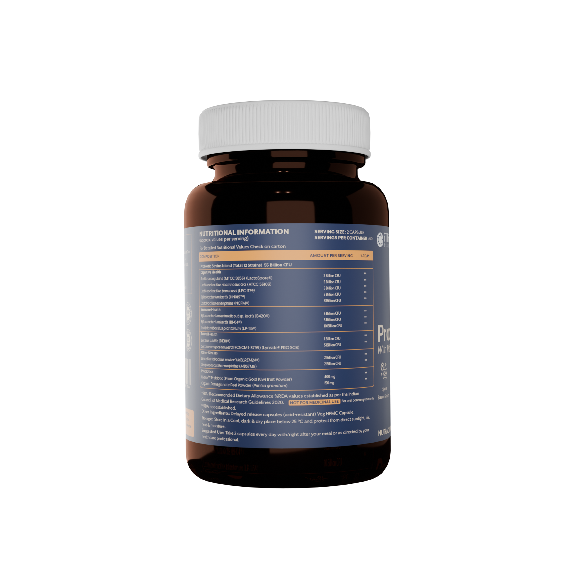 Nutritional facts side of the bottle for iThrive Probiotics with Prebiotics, 55 billion CFU per serving